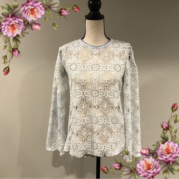 Long sleeve faded blue lace see through top - Picture 1 of 14